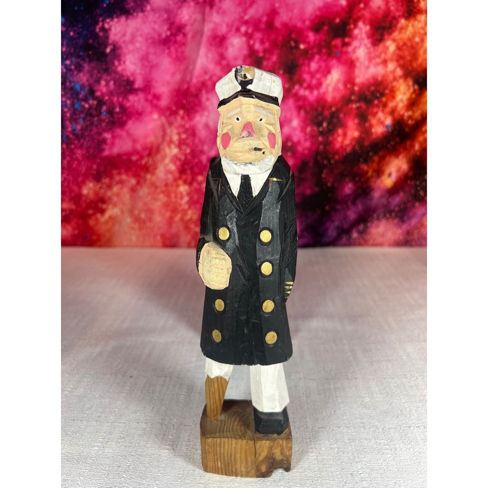 Hand Carved Wooden Sea Captain Figurine Nautical Folk Art Peg Leg Sailor Statue